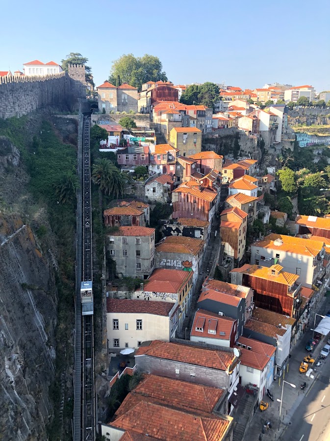 Funicular track running down the hillside past rooftops in Porto