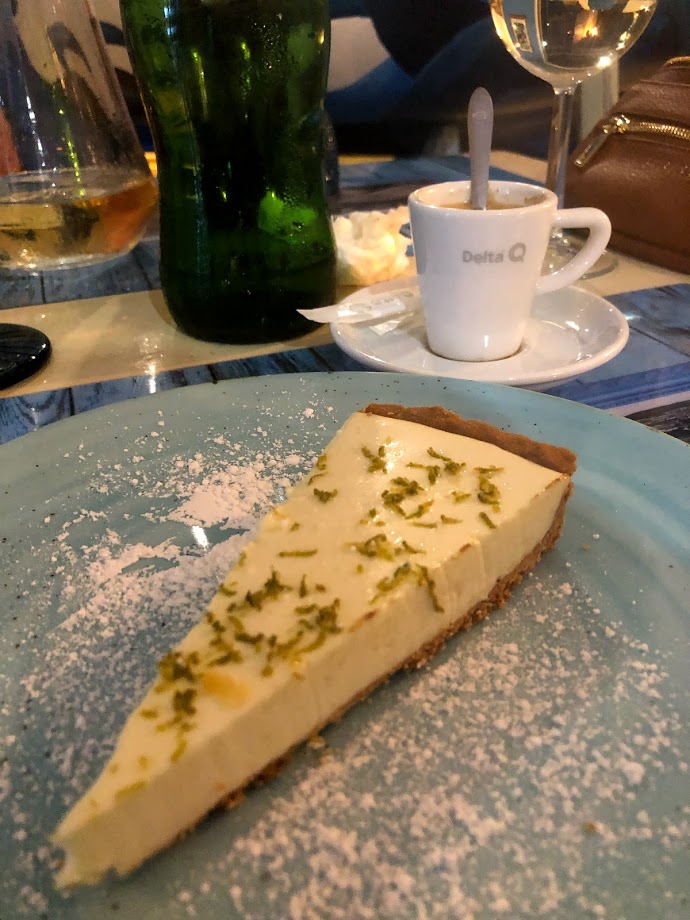 Lime cheesecake and espresso for dessert in Aljezur
