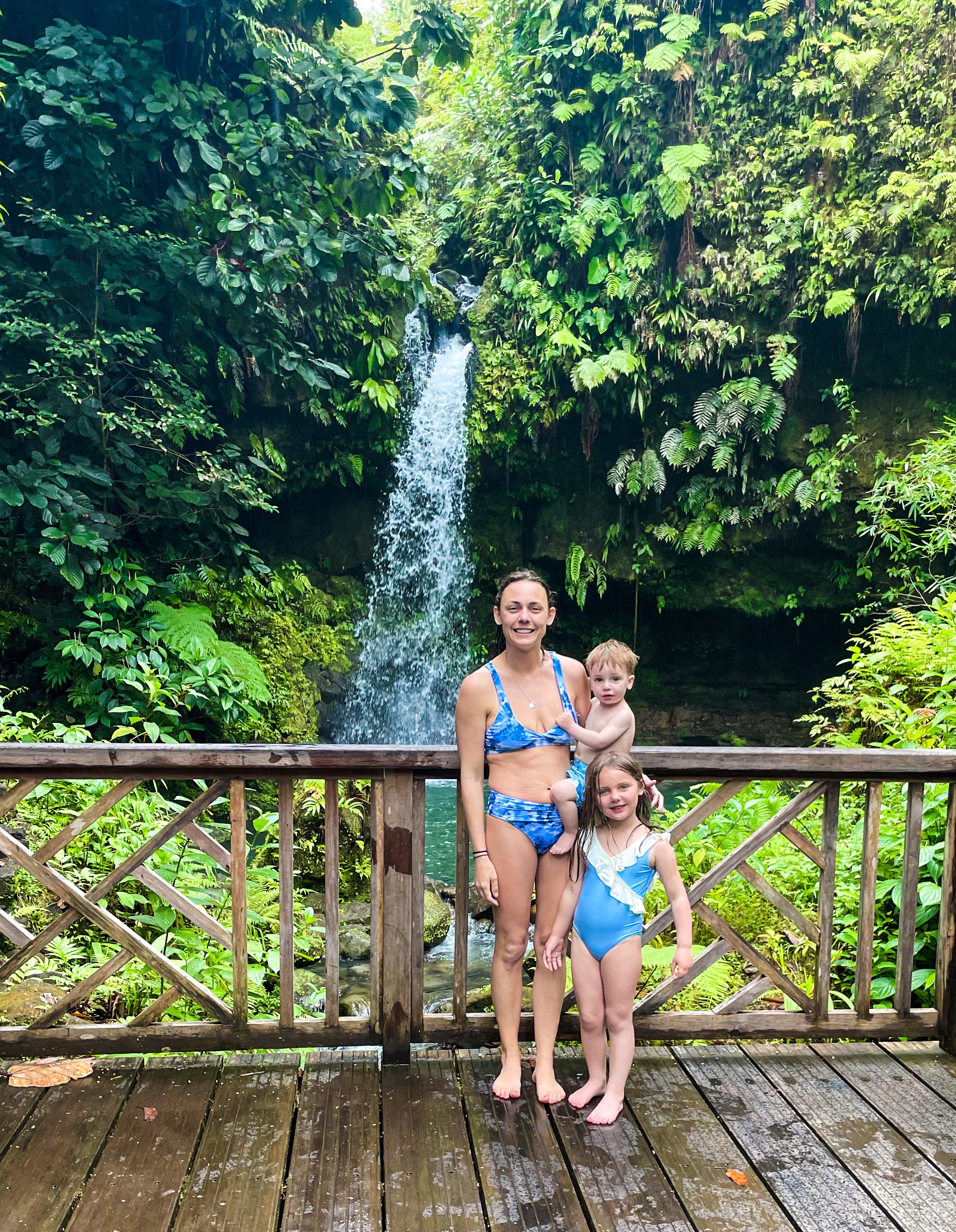 Summer and her kids on the viewing deck at the Emerald Pool waterfall