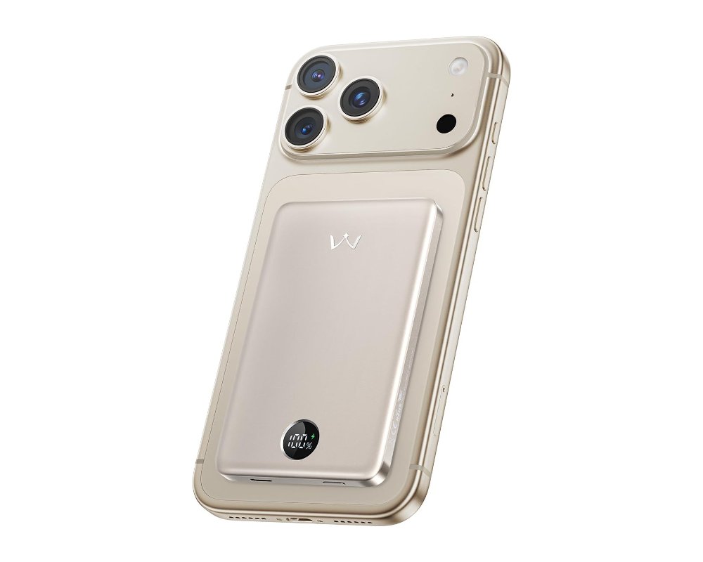 iWALK magnetic portable charger on the back of an iPhone