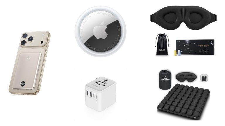 Five carry-on travel essentials: a portable charger, Apple AirTag, sleep mask, universal travel adapter and airplane seat cushion